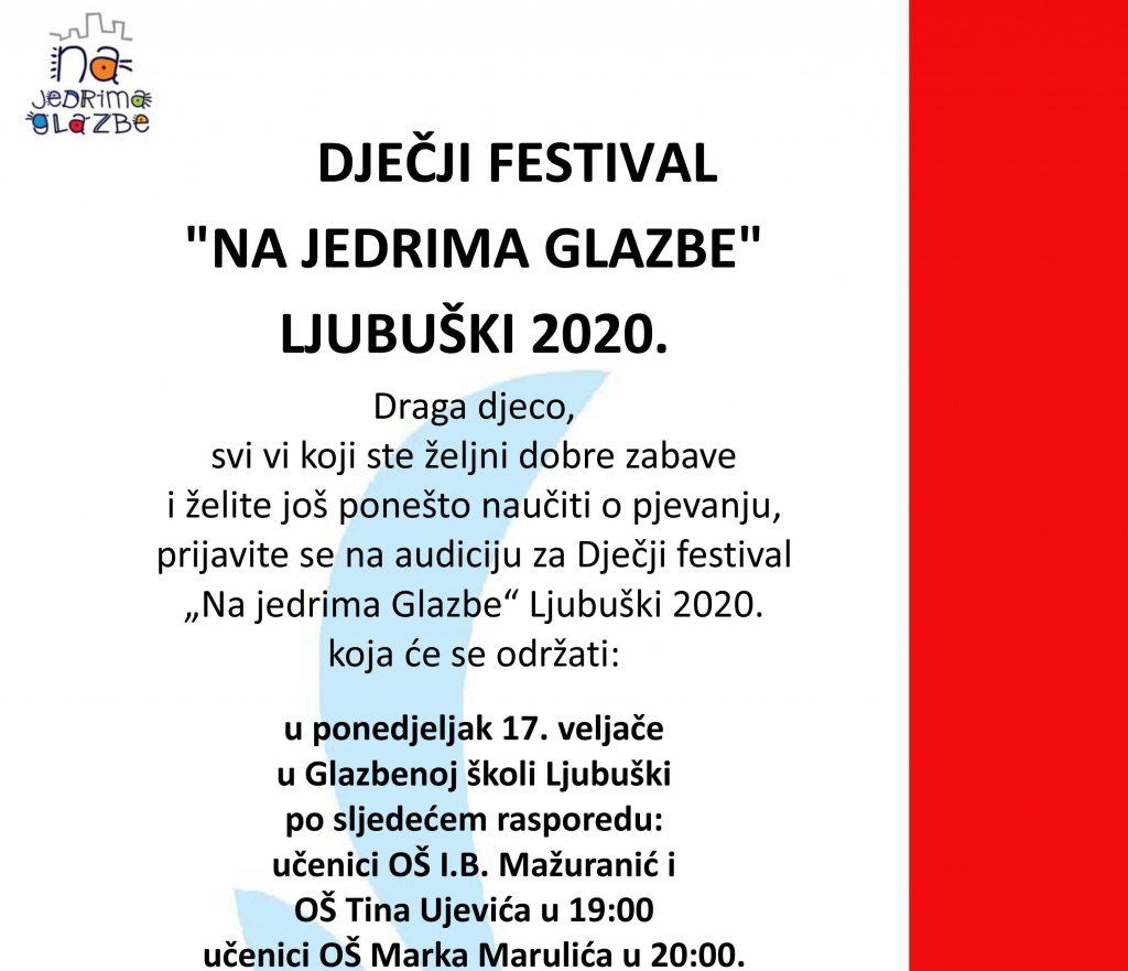 Dječji festival „Na jedrima glazbe” Ljubuški 2020. godine [Obavijest - audicija]