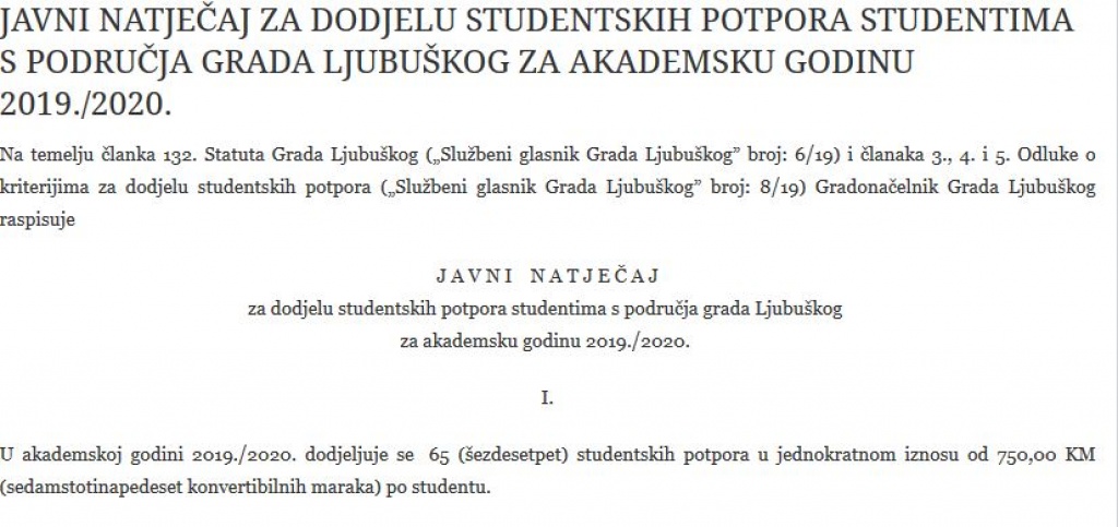 Otvoren natječaj za dodjelu studentskih potpora studentima s područja grada Ljubuškog