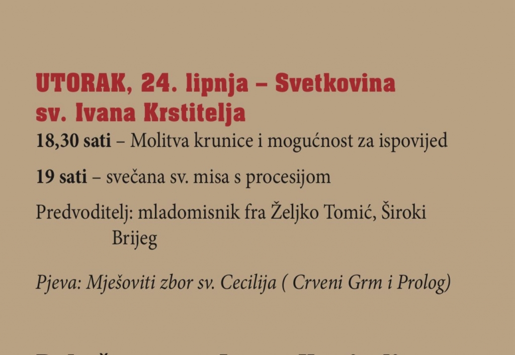 NAJAVA: Proslava sv. Ivana Krstitelja u Crvenom Grmu