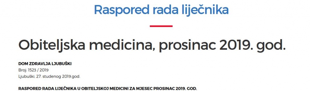 Raspored rada liječnika na odjelu obiteljske medicine u DZ Ljubuški [12/2019]