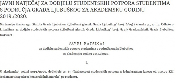 Otvoren natječaj za dodjelu studentskih potpora studentima s područja grada Ljubuškog