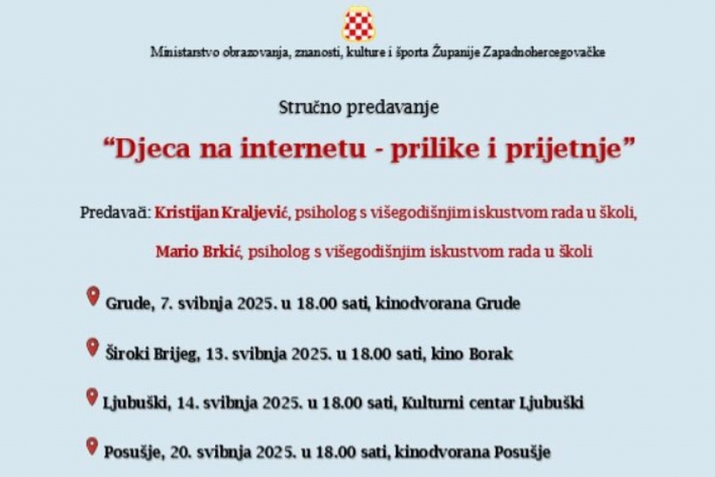NAJAVA: Stručno predavanje “Djeca na internetu – prilike i prijetnje”