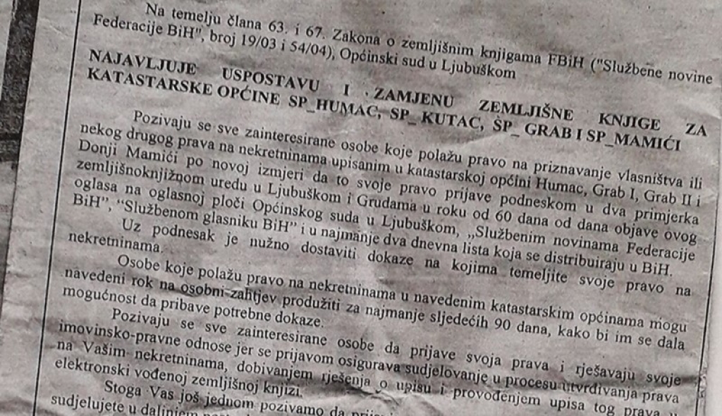 Najava uspostave i zamjene zemljišne knjige za katastarske općine Humac, Kutac, Grab i Mamići