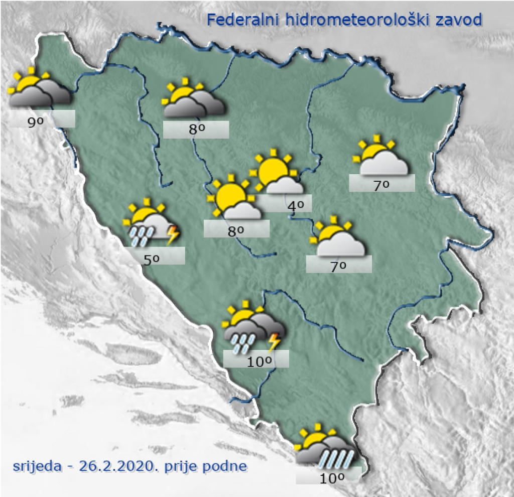 U Hercegovini pretežno oblačno s kišom i grmljavinom