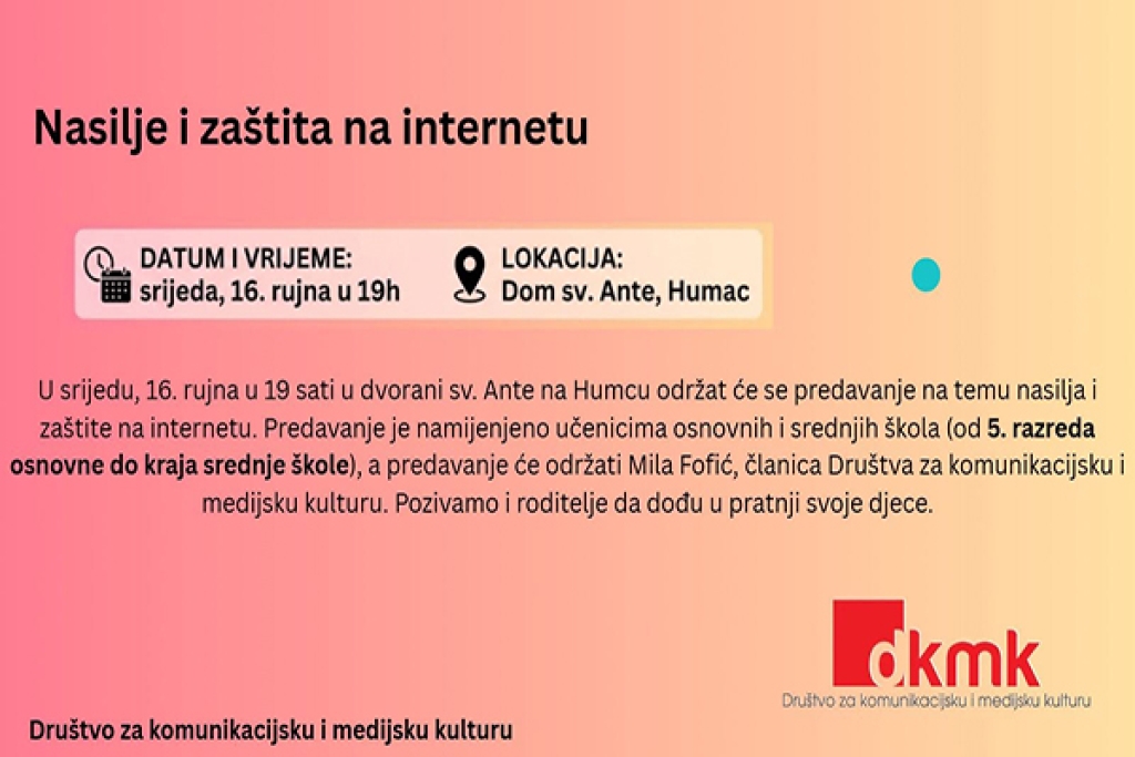 Predavanje o nasilju i zaštiti na internetu u srijedu na Humcu