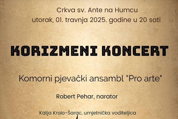 NAJAVA: U utorak korizmeni koncert u crkvi sv. Ante na Humcu