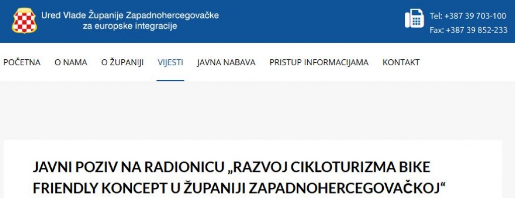 Javni poziv na radionicu „Razvoj cikloturizma Bike Friendly koncept u ŽZH“