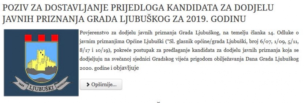Poziv za dostavljanje prijedloga kandidata za Javna priznanja Grada Ljubuškog za 2019.